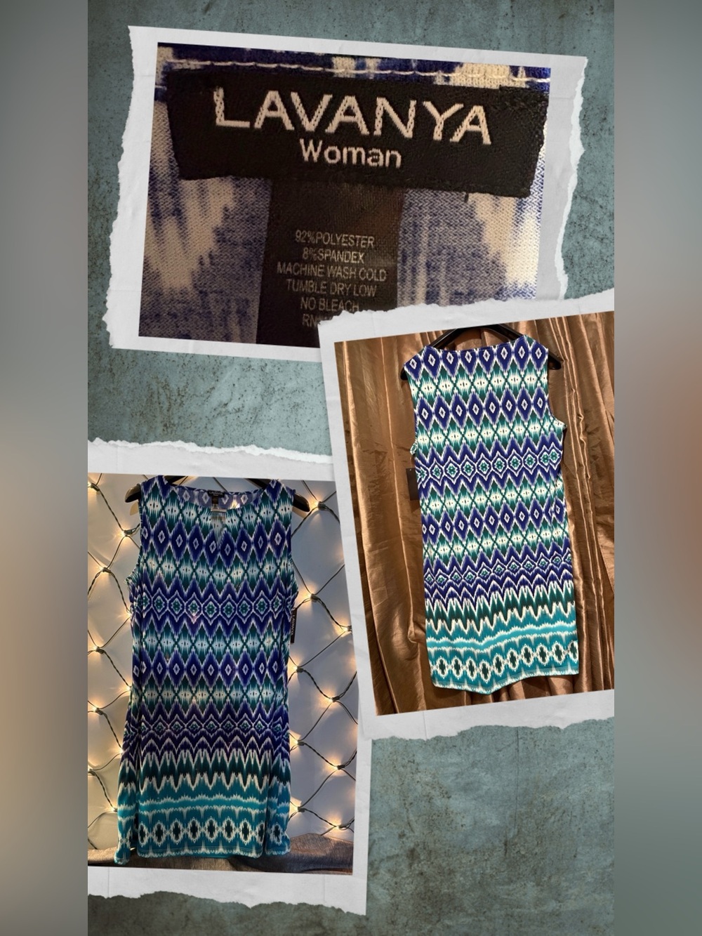 Lavanya Teal and Blue Sleeveless Geometric Shift Dress p2p22↔️36long↕️ #1920